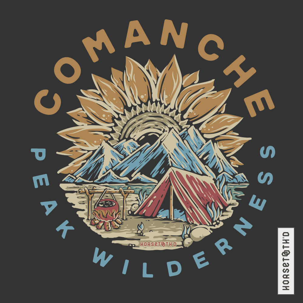 Comanche Peak Wilderness T-shirt in Heather color, featuring an artistic rendering of Comanche Peak in northern Colorado