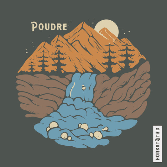T-shirt featuring a design of the scenic Poudre River, designed by Horsetooth'd