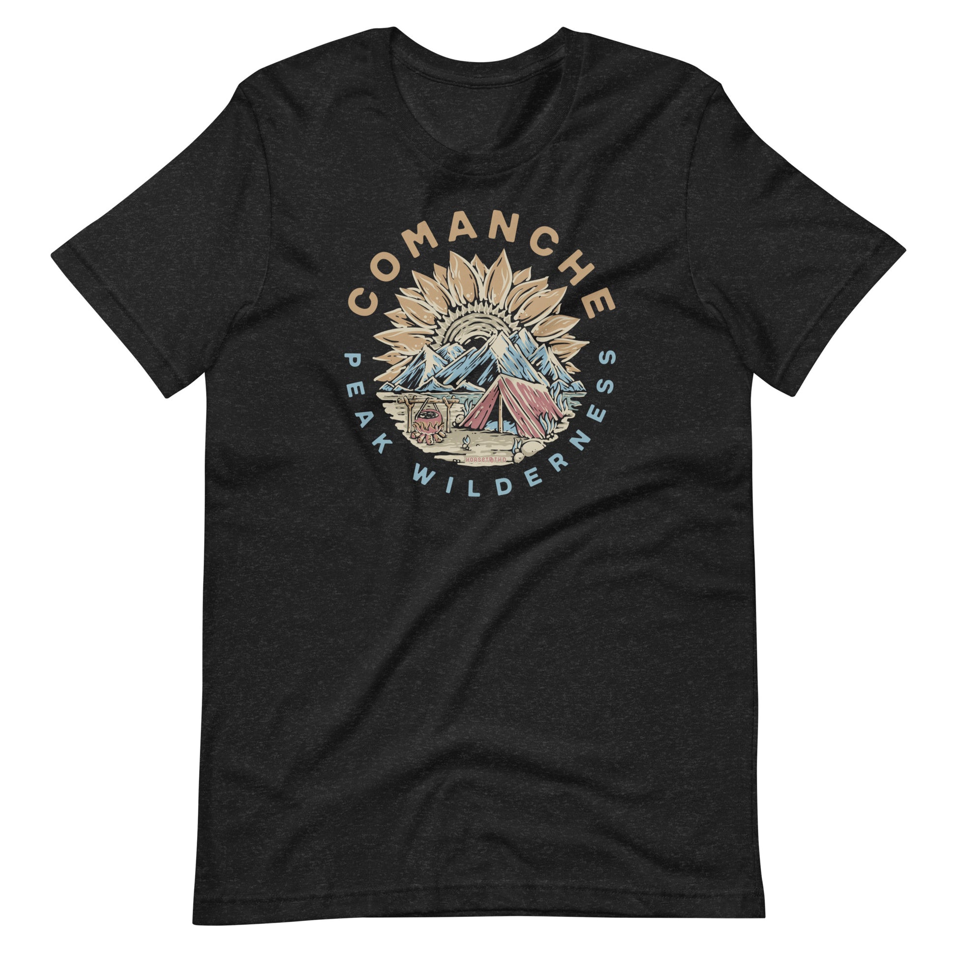 Horsetooth'd branded t-shirt showcasing the natural beauty of Comanche Peak Wilderness, in a comfortable cotton-polyester blend.