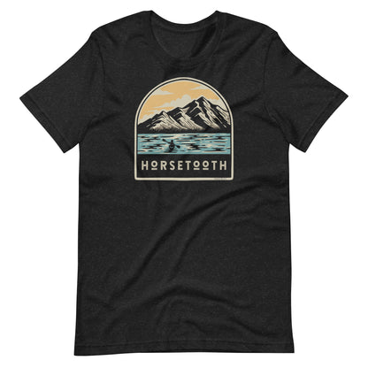 T-shirt featuring a design of a kayaker on Horsetooth Reservoir, designed by Horsetooth'd