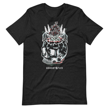 Horsetooth'd branded t-shirt, showcasing the adventurous spirit of Colorado with a unique flaming skull and camping design, in a comfortable cotton-polyester blend.