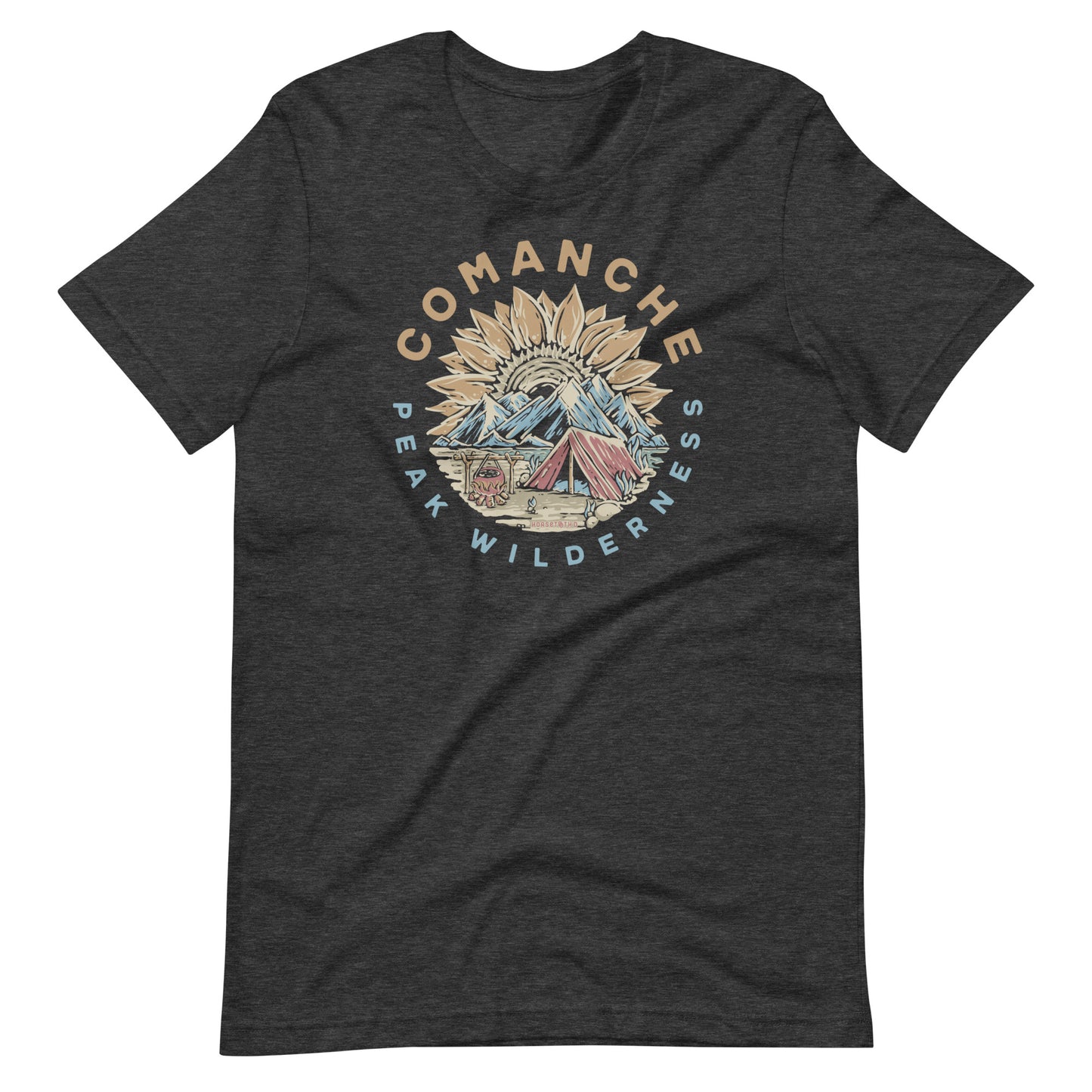 A Heather-colored Bella Canvas 3001 t-shirt with a detailed graphic depicting Comanche Peak Wilderness, designed by Horsetooth'd.