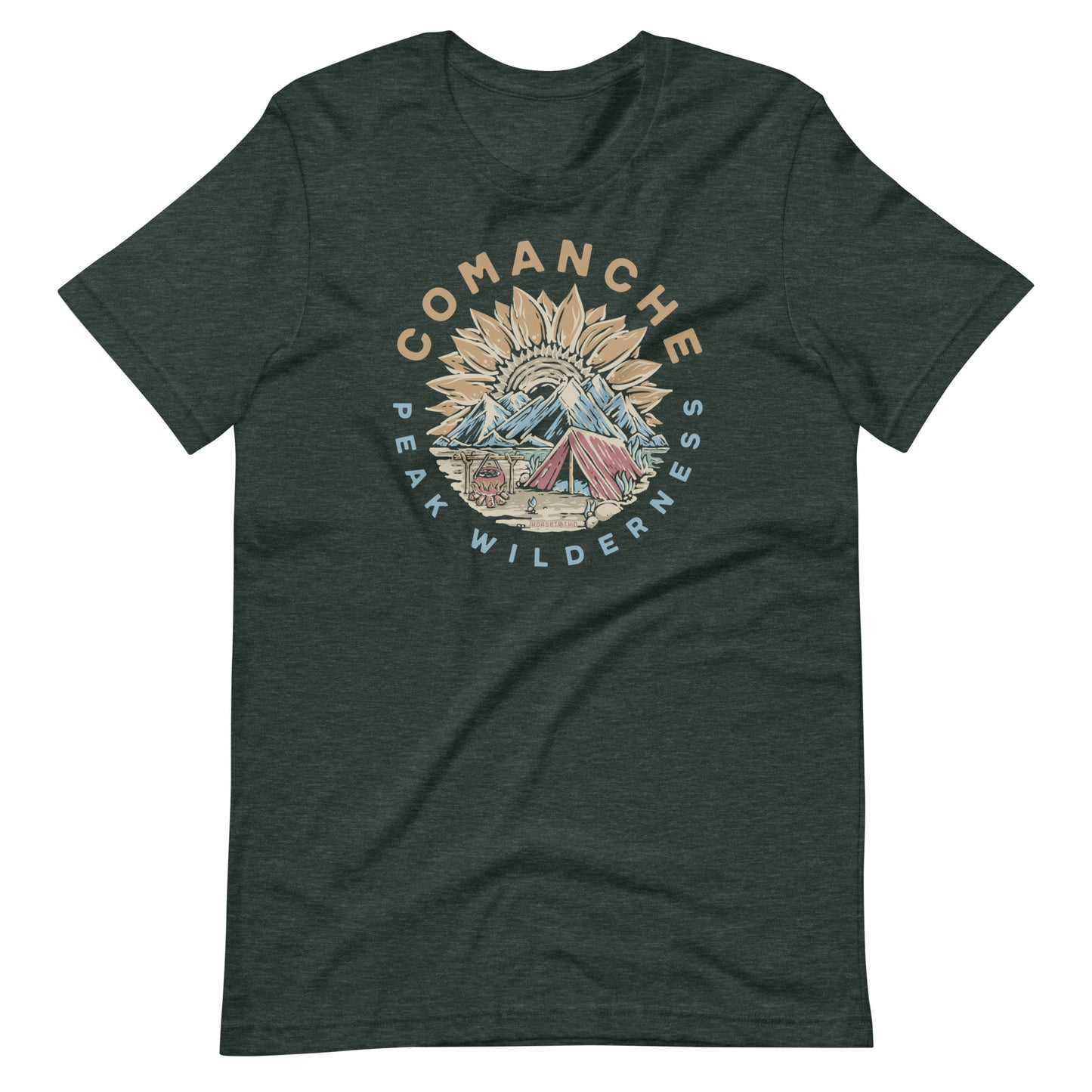 High-quality Bella Canvas 3001 t-shirt, imprinted with a stunning graphic of Comanche Peak Wilderness, symbolizing Colorado's wild landscapes.
