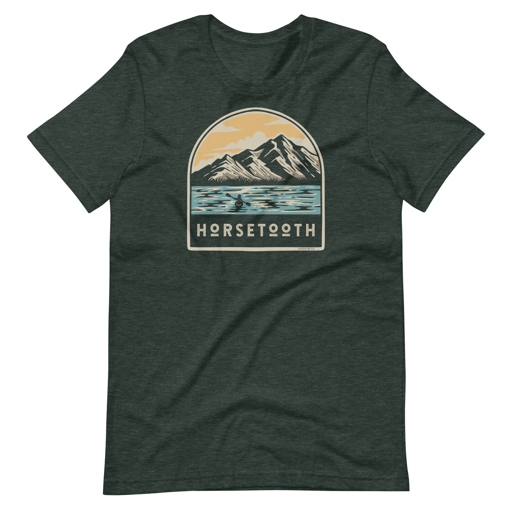 Horsetooth'd branded t-shirt, showcasing the adventure of kayaking on Horsetooth Reservoir, in a comfortable cotton-polyester blend