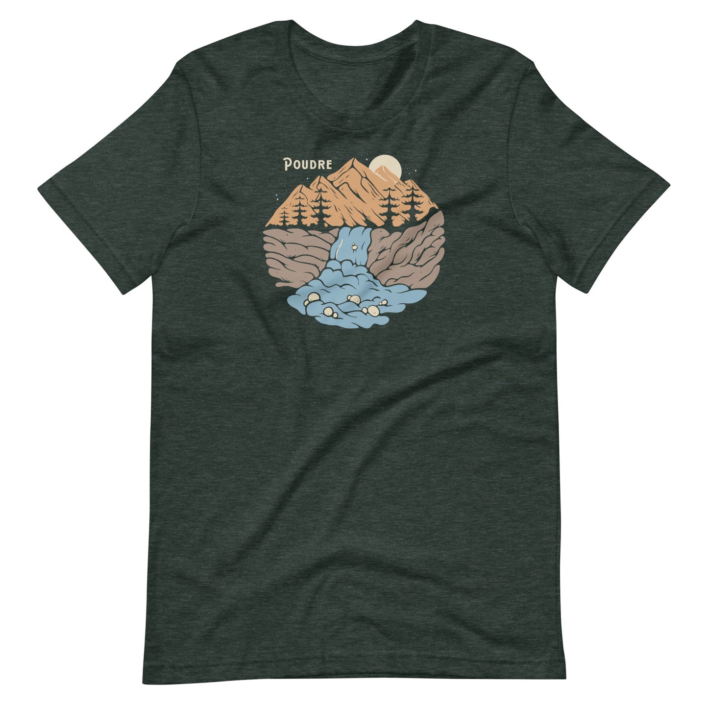 Bella Canvas 3001 t-shirt in Heather color with a picturesque depiction of the Poudre River.