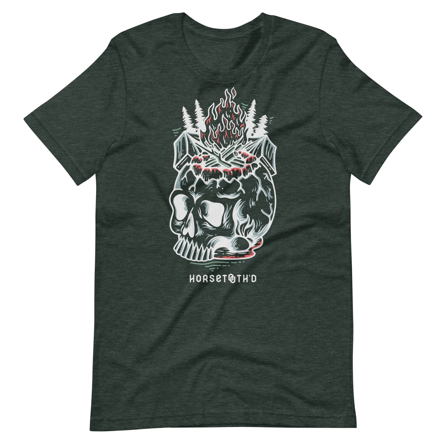 Bella Canvas 3001 t-shirt in Heather color with a bold, fiery skull design