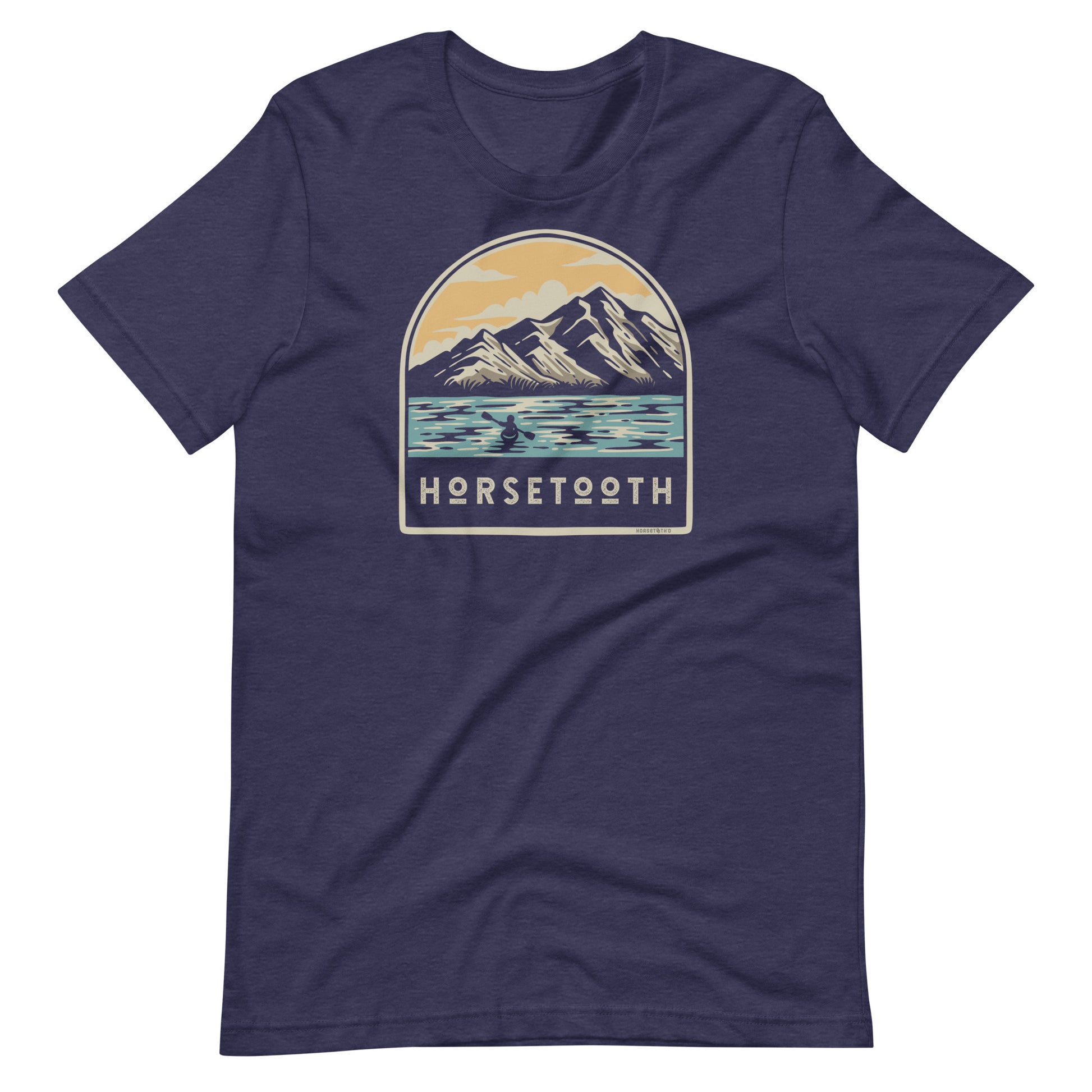 Bella Canvas 3001 t-shirt in Heather color with an artistic depiction of kayaking on Horsetooth Reservoir