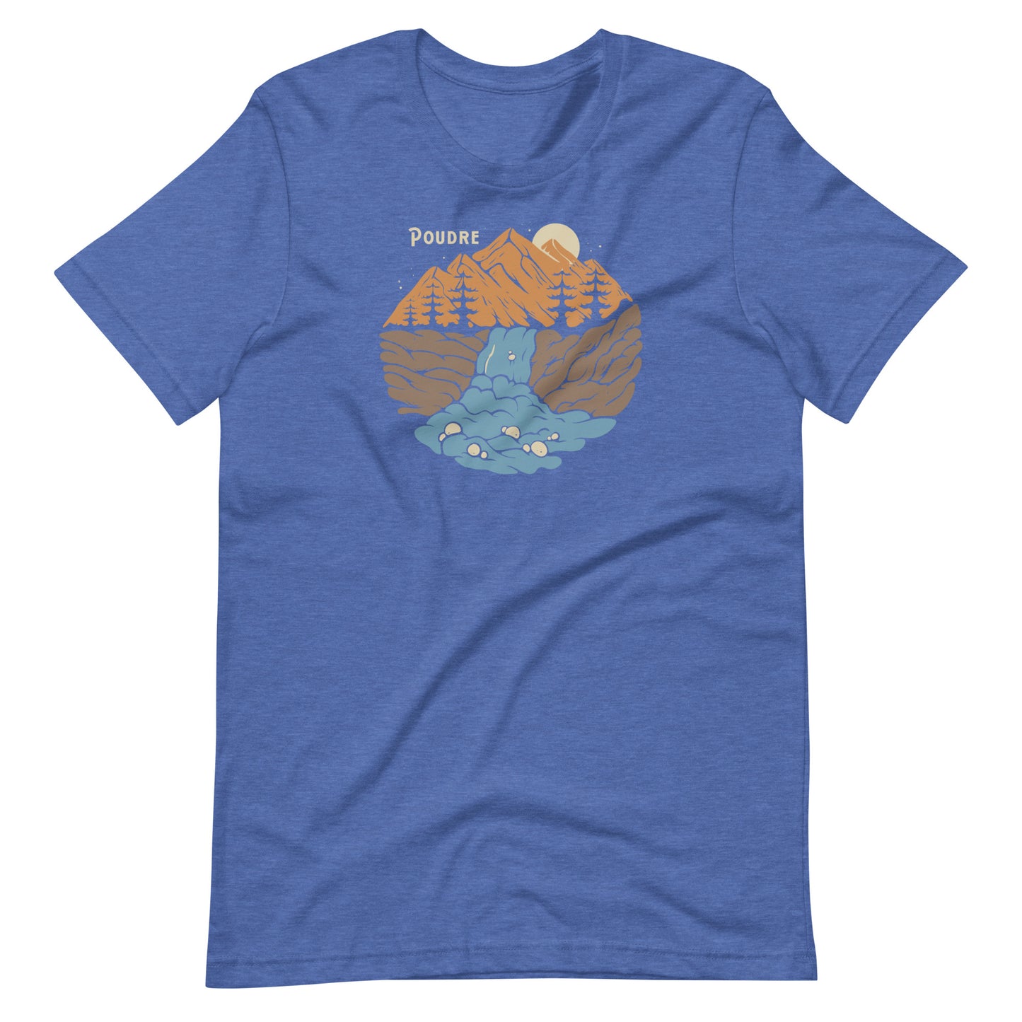 High-quality Bella Canvas 3001 t-shirt, imprinted with a graphic of the scenic Poudre River, celebrating Colorado's stunning landscapes.