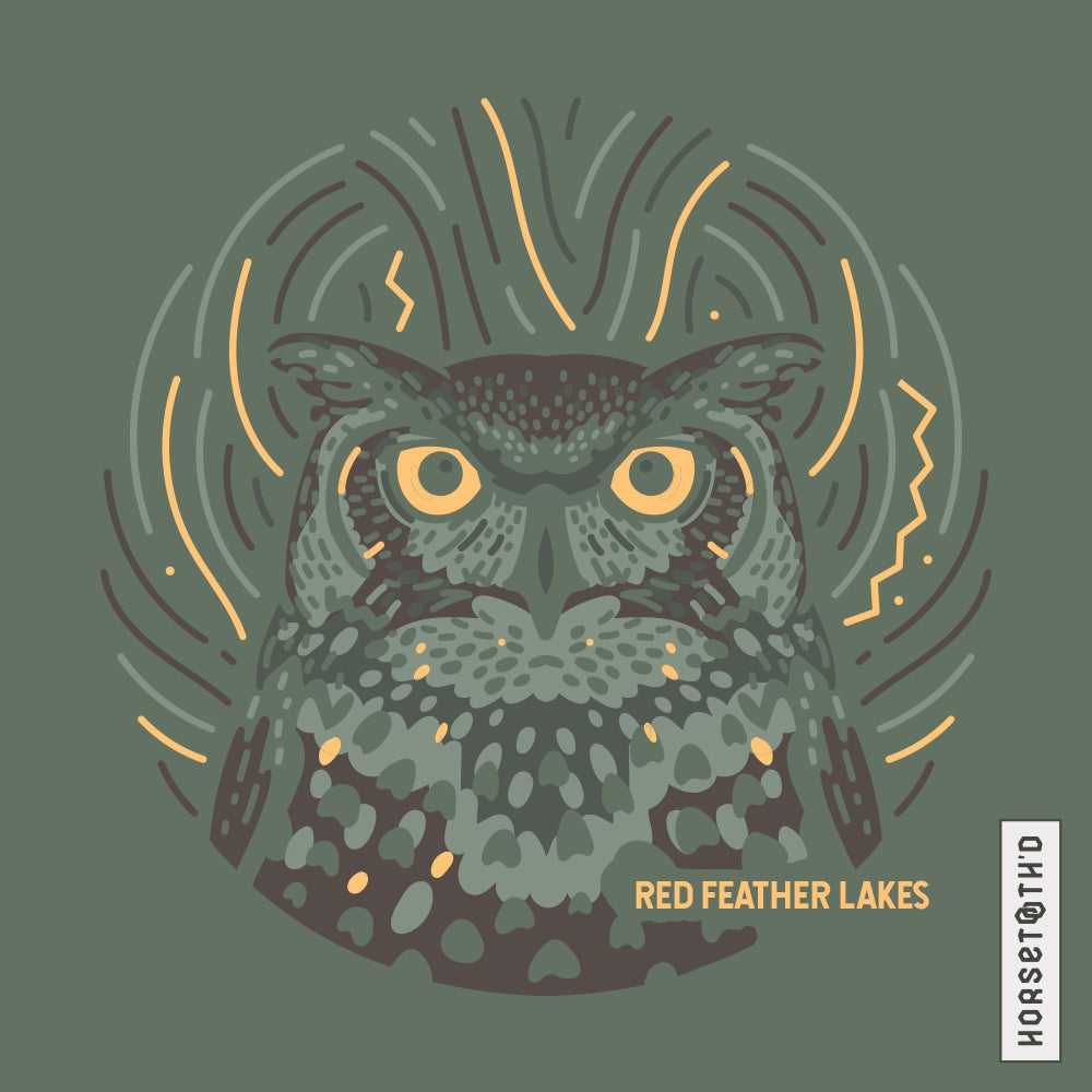 T-shirt featuring an artistic design of an owl, set against the backdrop of Red Feather Lakes, designed by Horsetooth'd