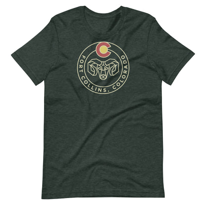 Unisex t-shirt with a unique Fort Collins, Colorado Ram design by Horsetooth'd.