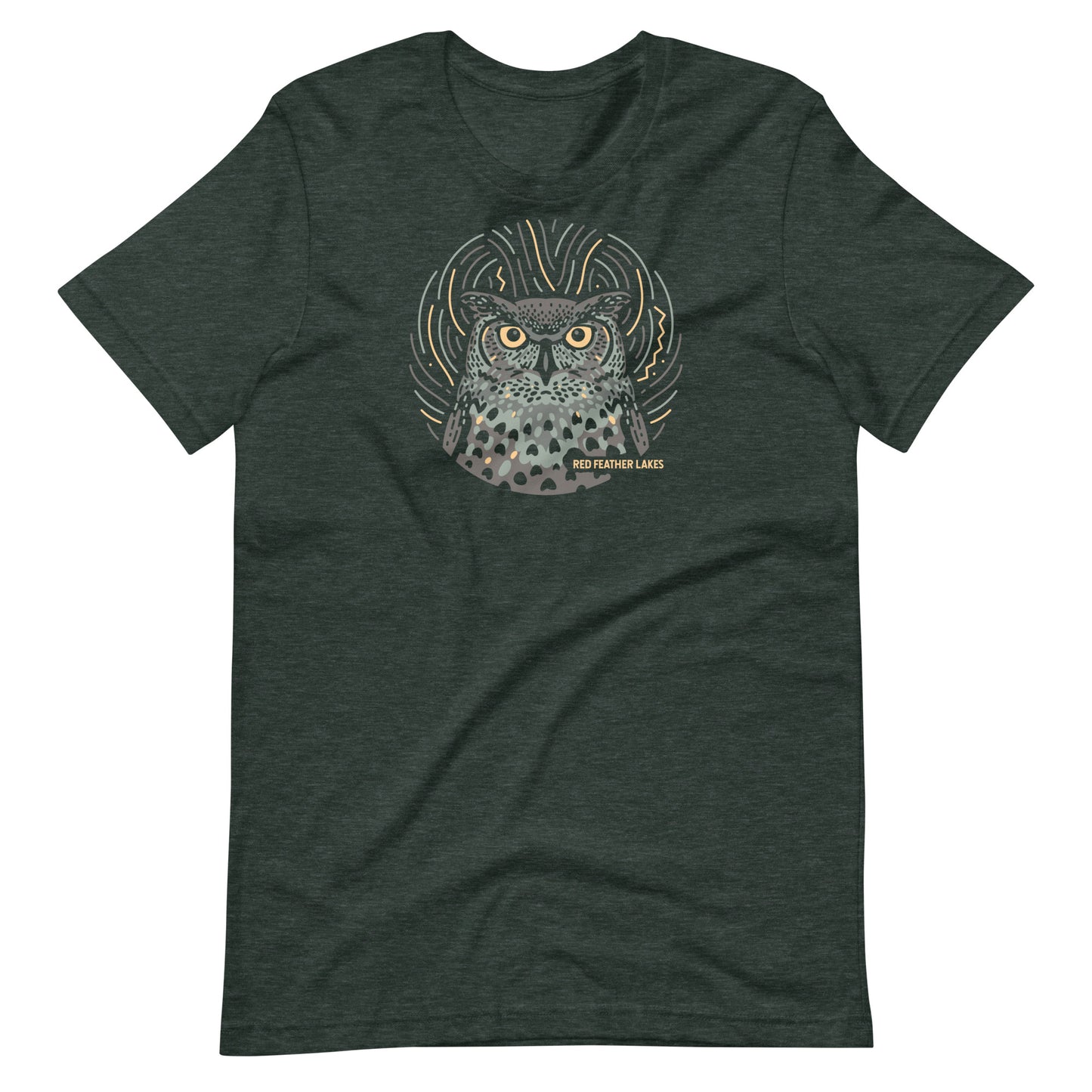 Bella Canvas 3001 t-shirt in Heather color with a detailed depiction of an owl, symbolic of Colorado's rich wildlife.